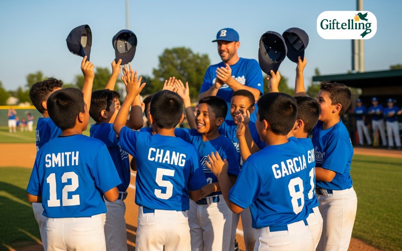 Youth baseball team wearing matching personalized jerseys with individual names and numbers celebrating after game victory