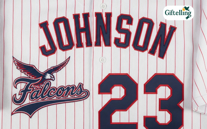 Close-up details of personalized baseball jersey showing custom name lettering, number design, and team logo placement