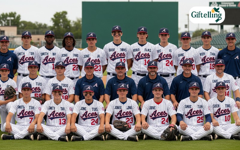 Baseball team photo showing coordinated personalized baseball jerseys with consistent design elements and individual player customizations