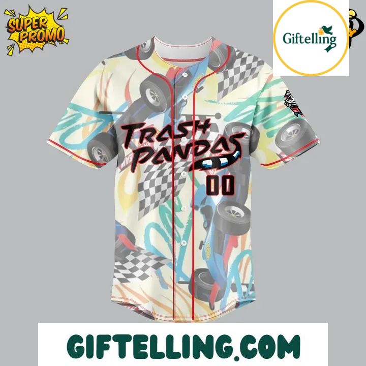 Rocket City Trash Pandas Racing Night 2025 Custom Jersey brings NASCAR excitement to the baseball diamond through design that captures the adrenaline rush of both sports