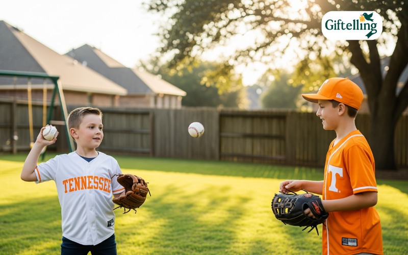 Young Tennessee baseball fans wearing youth jerseys playing catch in backyard with UT baseball