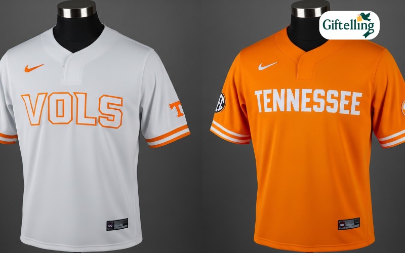 Side by side comparison of Tennessee baseball home white jersey and away orange jersey with team logos