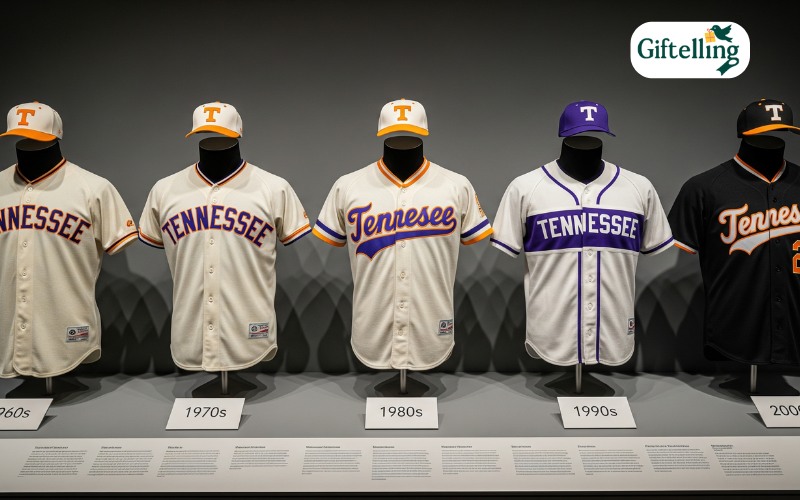 Collection display showing vintage Tennessee baseball jerseys from different decades arranged chronologically
