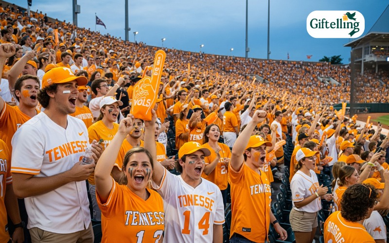 Tennessee baseball fans in stadium wearing various jersey styles and orange accessories cheering