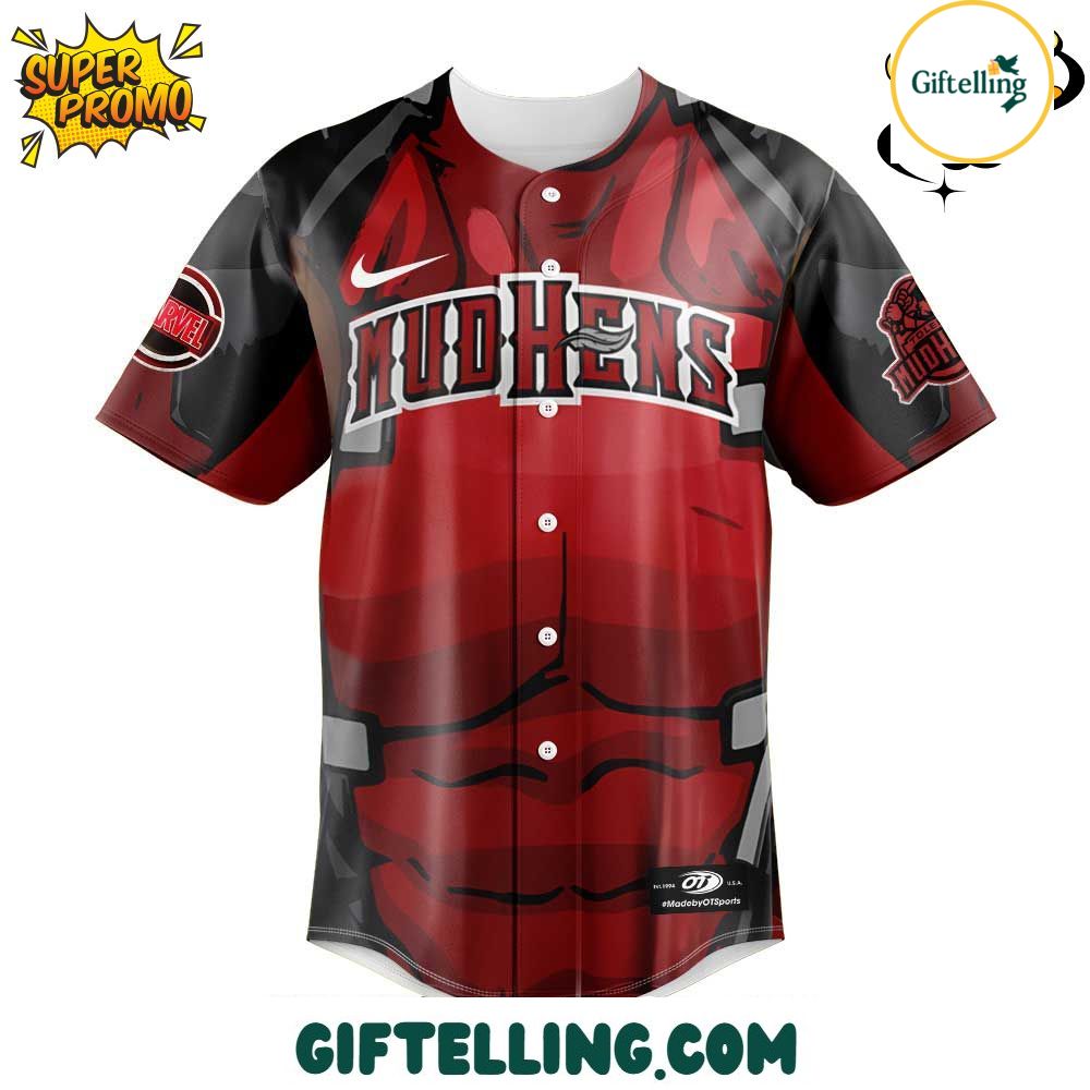 Assemble at the ballpark with the Toledo Mud Hens Marvel Super Hero Night Baseball Jersey