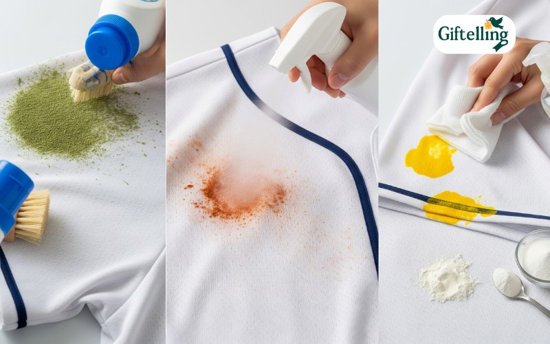 Washing Baseball jerseys with various common stains being treated with appropriate stain removal products and techniques