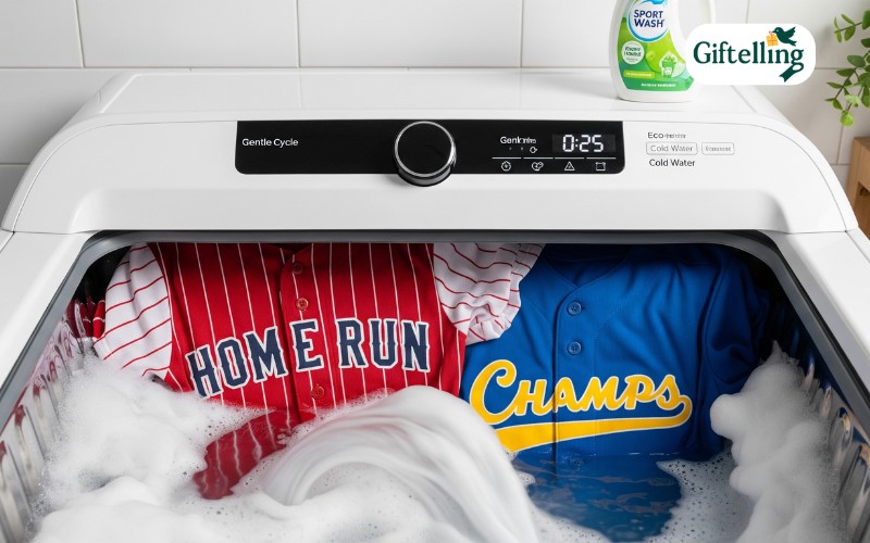 Baseball jerseys being properly washed in washing machine with gentle care settings and appropriate detergent