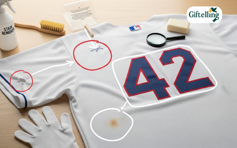 Baseball jersey laid flat showing pre-wash inspection for stains, damage, and preparation steps before cleaning