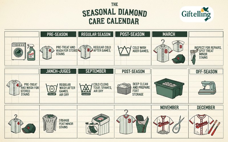 Seasonal baseball jersey care calendar showing different washing and maintenance schedules throughout the year