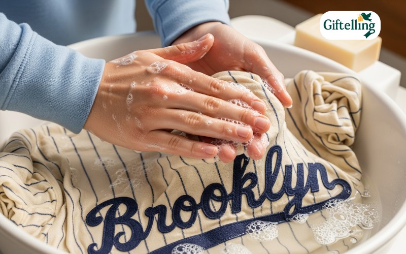Hand washing baseball jersey in basin with gentle soap solution showing proper technique for delicate fabric care