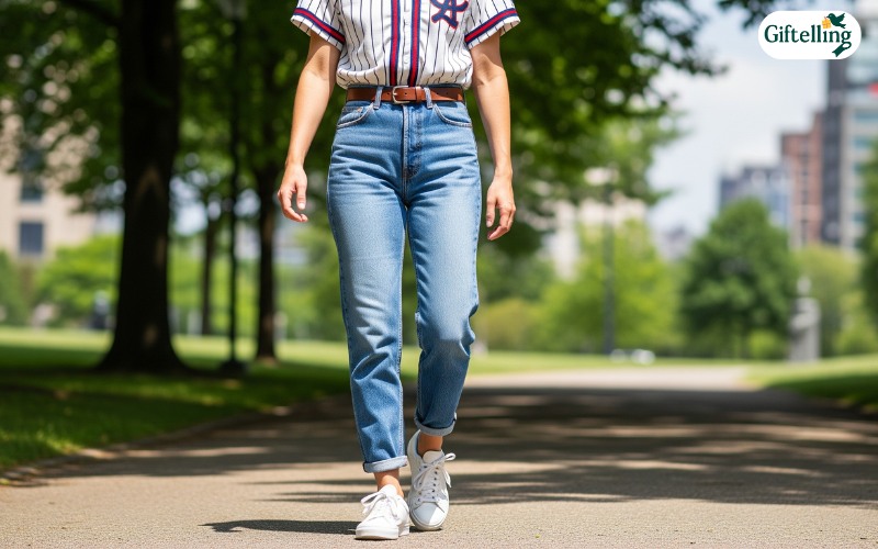 Casual baseball jersey outfit featuring tucked jersey with high-waisted jeans and white sneakers