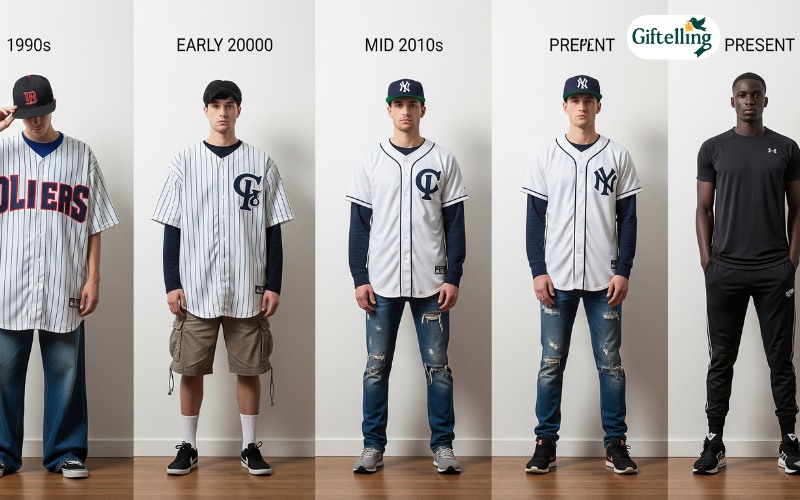Evolution timeline showing baseball jersey fashion from 1990s oversized style to modern fitted streetwear looks
