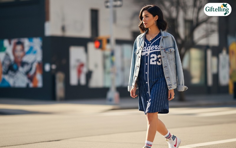 Stylish woman wearing baseball jersey outfit with denim jacket and sneakers in urban setting