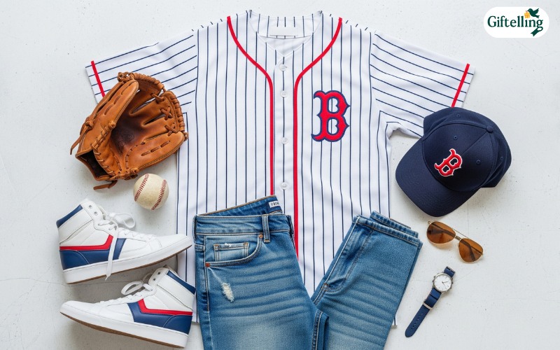  Flat lay arrangement showing essential baseball jersey outfit pieces including jeans, sneakers, and accessories