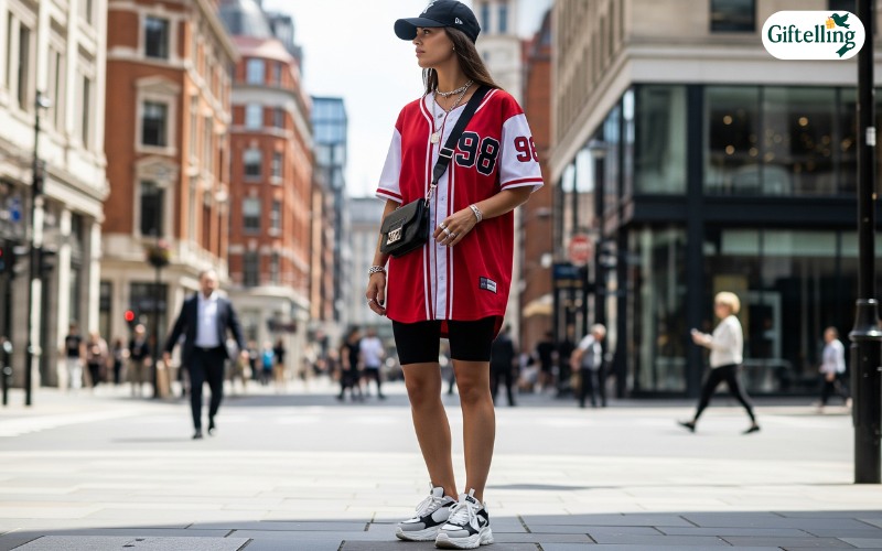 Street style baseball jersey outfit with biker shorts, chunky sneakers, and trendy accessories in urban setting