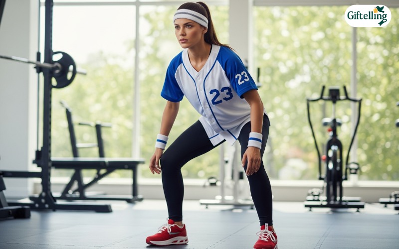 Sporty baseball jersey outfit with athletic leggings, running shoes, and gym accessories