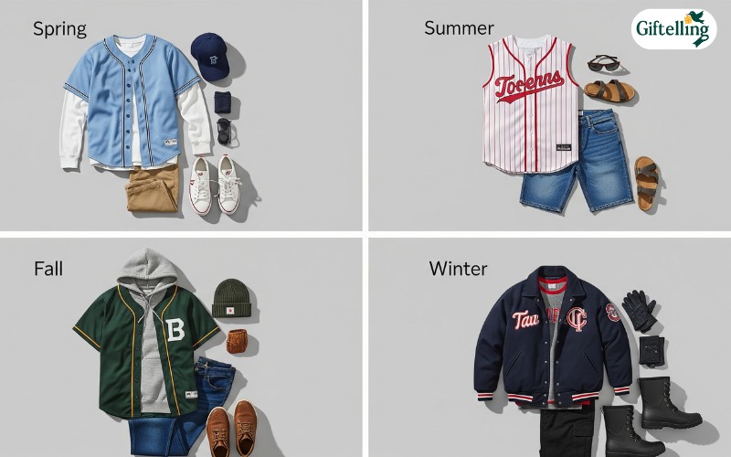 Seasonal baseball jersey outfit grid showing spring, summer, fall, and winter styling variations
