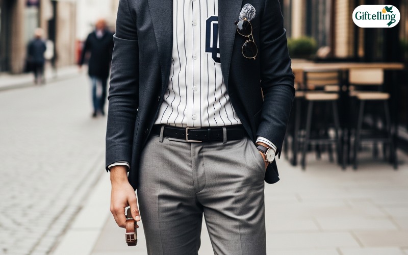 Elevated baseball jersey outfit featuring blazer, tailored pants, and sophisticated accessories for smart-casual styling