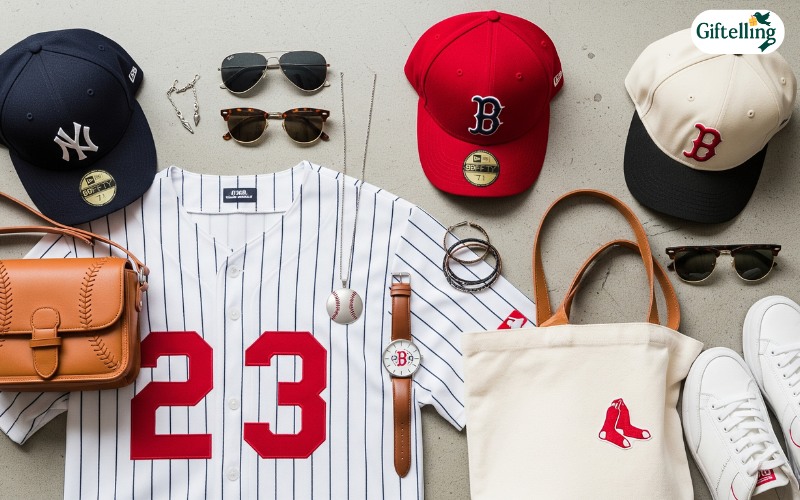 Baseball jersey outfit accessories including caps, bags, jewelry, and sunglasses arranged stylishly