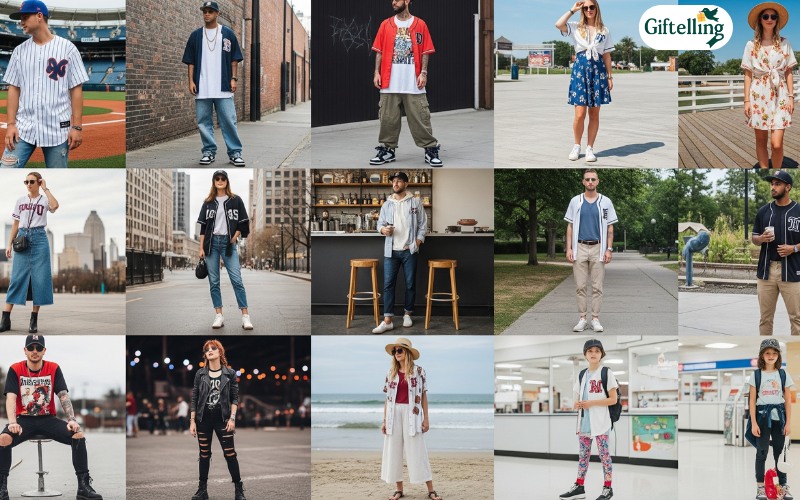 Collection of diverse baseball jersey outfit styles showing various occasions and personal styling approaches