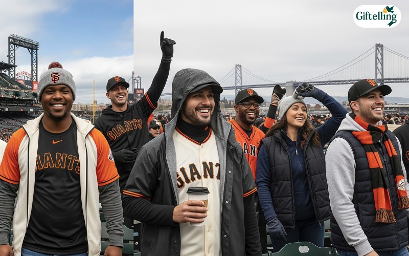 Giants fans dressed for different weather conditions showing layering techniques for Oracle Park game attendance