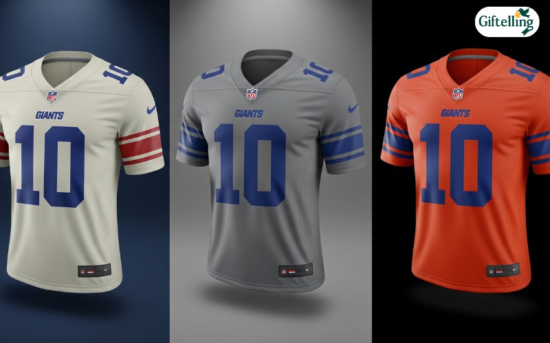 Three Giants jersey styles displayed showing cream home, gray road, and orange alternate designs
