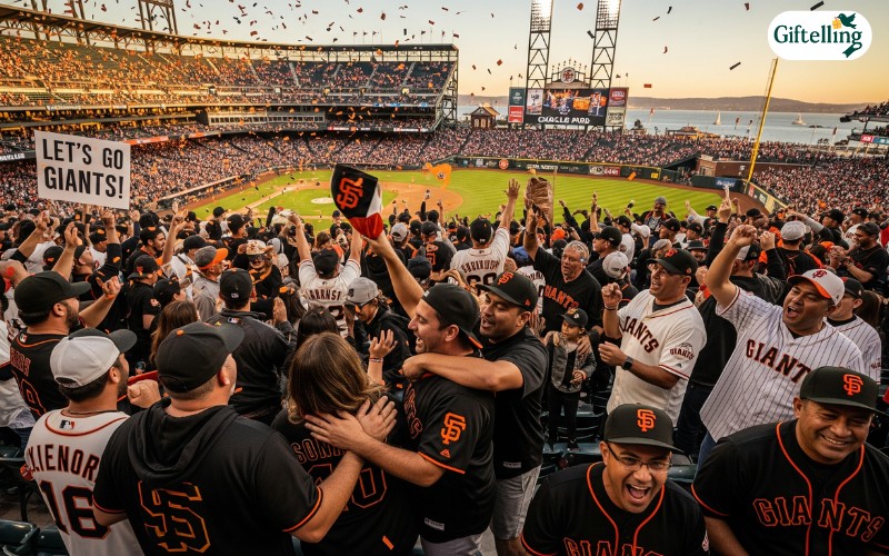 Happy Giants fans wearing various jersey styles celebrating at Oracle Park showing team spirit and community