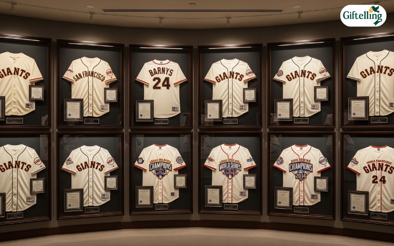 Giants jersey collection display showing vintage, championship, and limited edition jerseys with authentication certificates