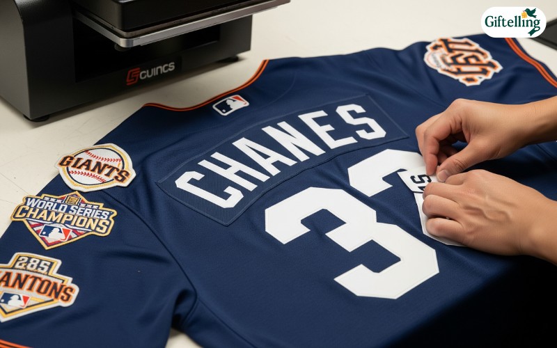 Customization process showing Giants jersey being personalized with names, numbers, and special patches