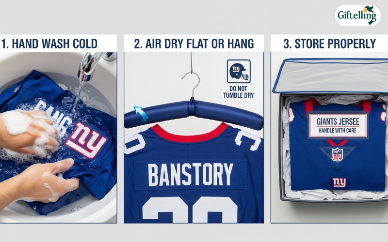 Step-by-step Giants jersey care instructions showing proper washing, drying, and storage techniques