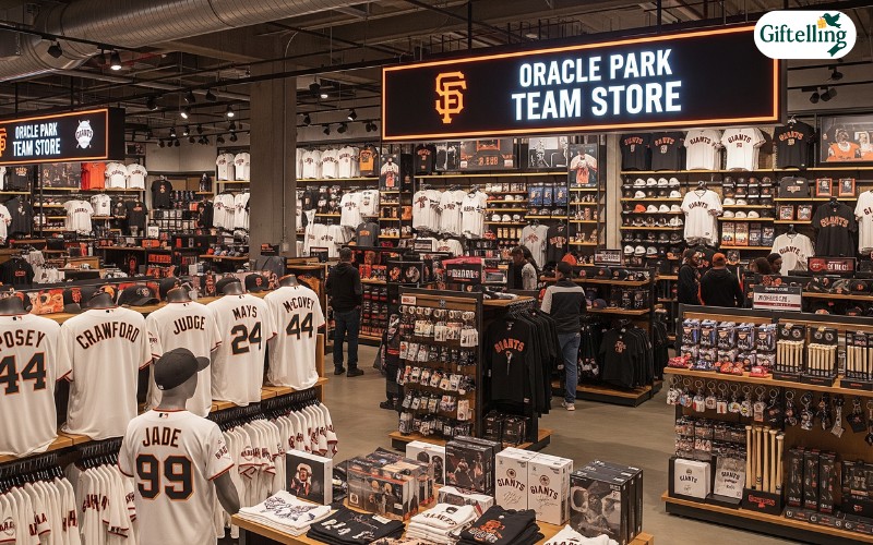 Oracle Park Giants team store interior showing extensive jersey selection and official merchandise displays