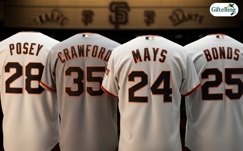 Popular Giants jersey numbers display showing Posey 28, Crawford 35, Mays 24, and Bonds 25 jerseys
