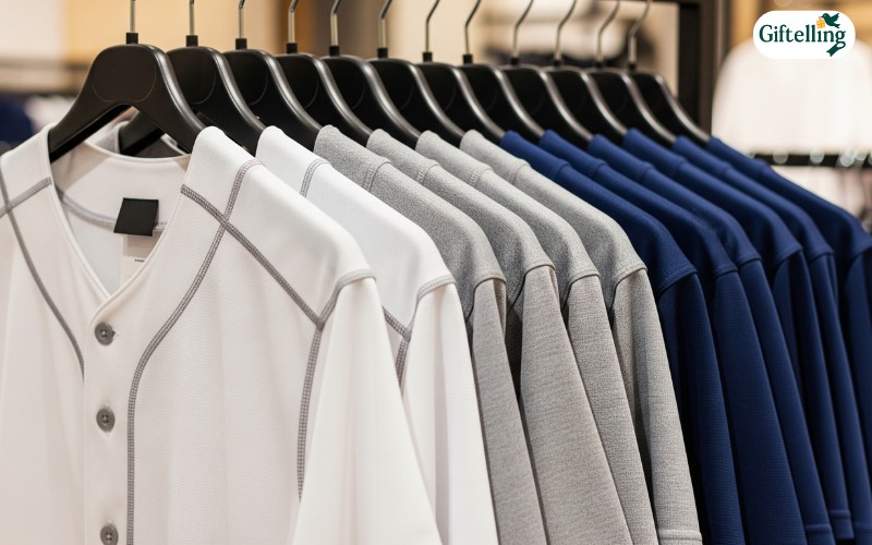 Collection of blank baseball jerseys in various colors including white, gray, and navy displayed on hangers