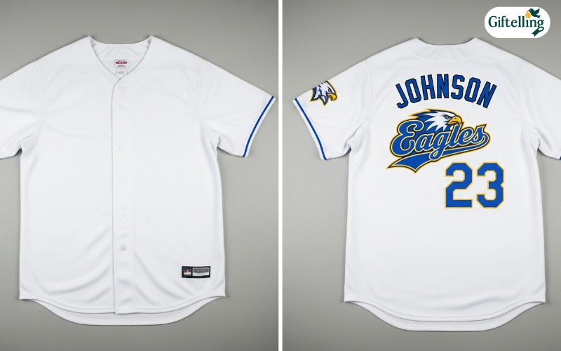 Before and after comparison showing blank white baseball jersey transformed with custom team logo and player details