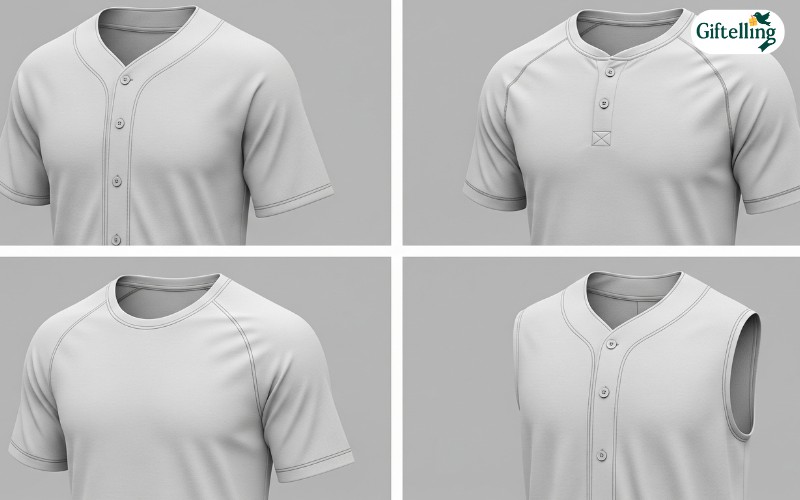 Four different blank baseball jersey styles showing button-up, henley, pullover, and sleeveless variations
