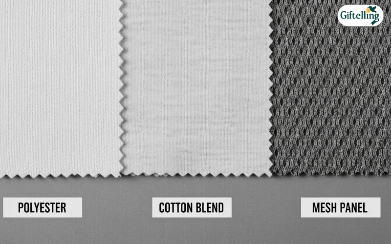 Close-up fabric comparison showing polyester, cotton blend, and mesh panel materials used in baseball jerseys