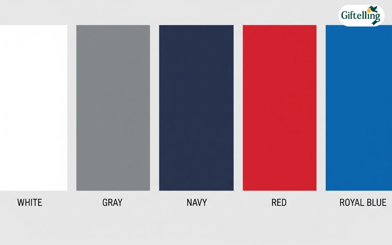 Color palette showing popular blank baseball jersey colors including white, gray, navy, red, and royal blue options