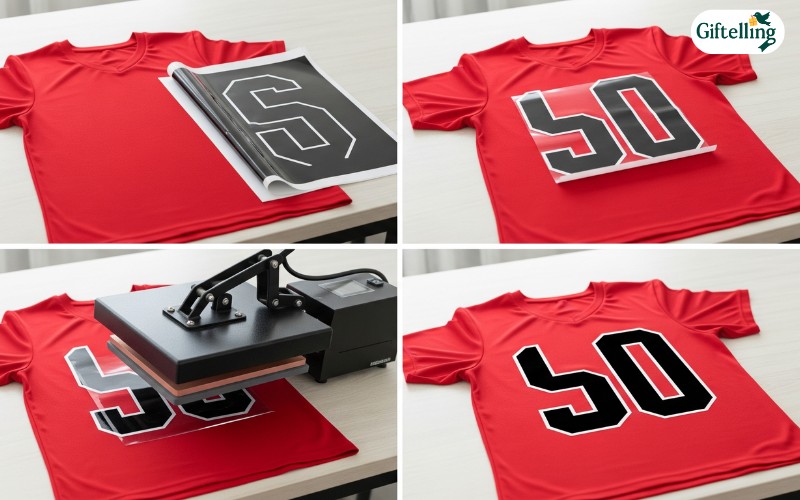 Step-by-step customization process showing blank jersey being decorated with heat transfer vinyl application