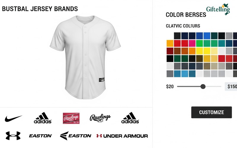 Online shopping interface showing blank baseball jersey selection with various brands, colors, and pricing options