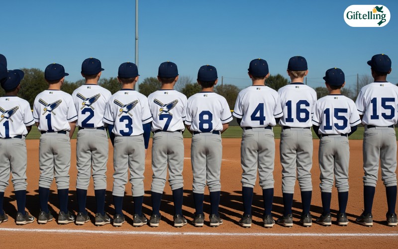 Youth baseball team wearing customized blank jerseys with team logo and individual player numbers