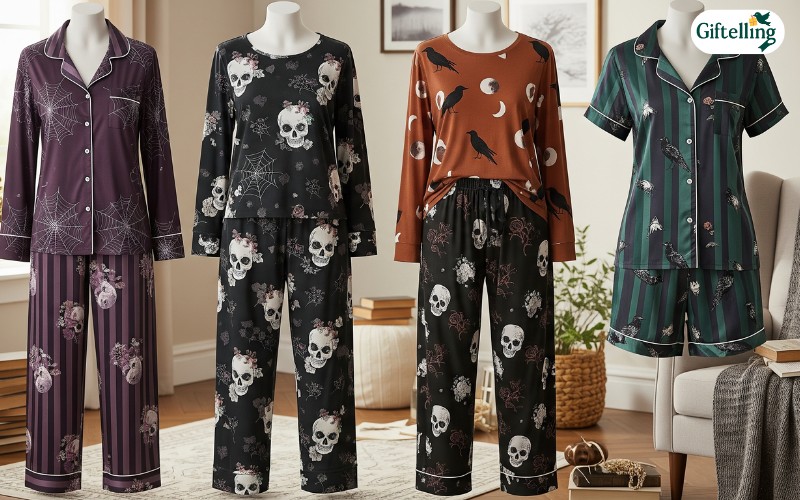 Stylish adult Halloween pajamas collection featuring sophisticated spooky designs and comfortable fabrics