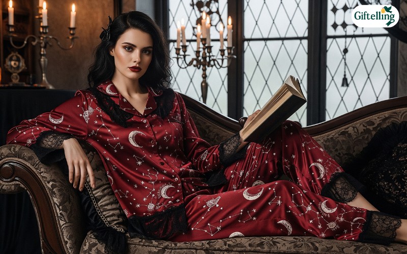 Elegant gothic adult Halloween pajamas featuring deep burgundy colors with celestial motifs and lace details