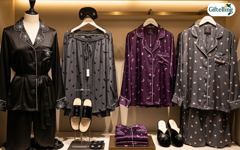 Premium sleepwear retailer display showcasing adult Halloween pajamas with luxury fabrics and sophisticated designs