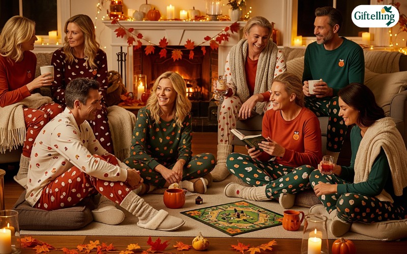 Adult Halloween pajamas styled for intimate gathering with cozy accessories and atmospheric lighting