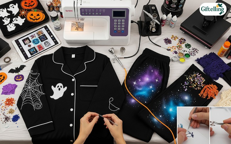 DIY adult Halloween pajamas customization workspace showing sophisticated modification tools and techniques