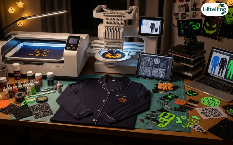 DIY adult Halloween pajamas customization workspace showing sophisticated modification tools and techniques