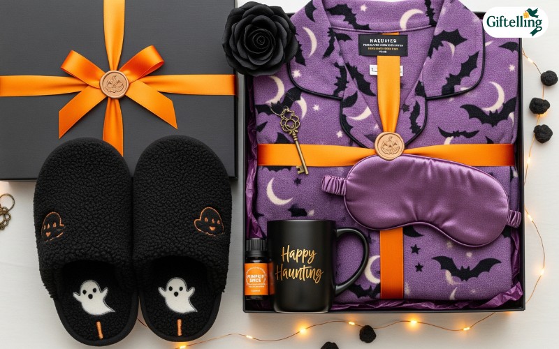 Adult Halloween pajamas gift presentation showing elegant packaging and coordinated accessories