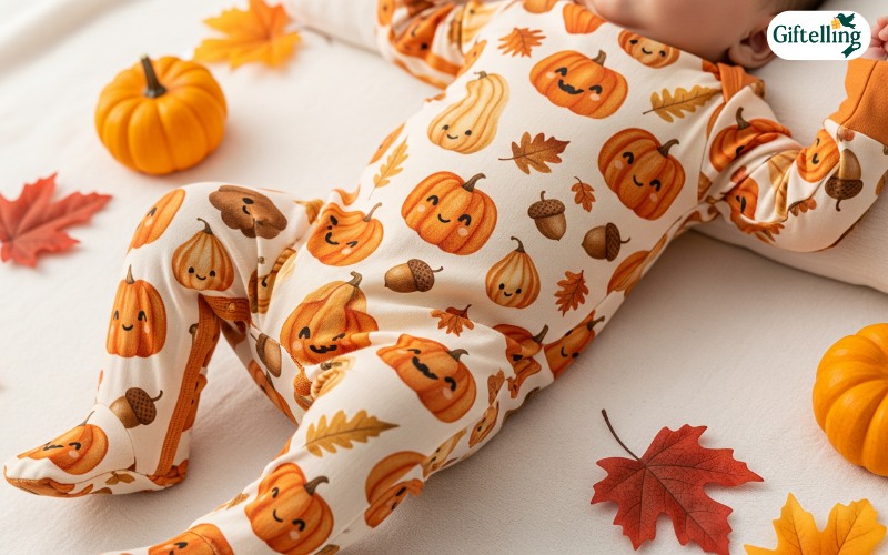 Gentle pumpkin-themed baby Halloween pajamas featuring soft orange colors and friendly harvest designs