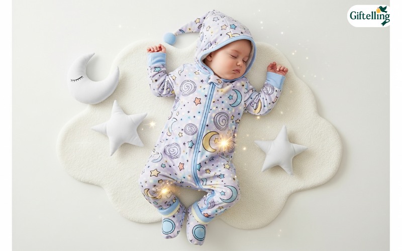 Celestial-themed baby Halloween pajamas featuring gentle stars, moons, and magical elements in soft colors