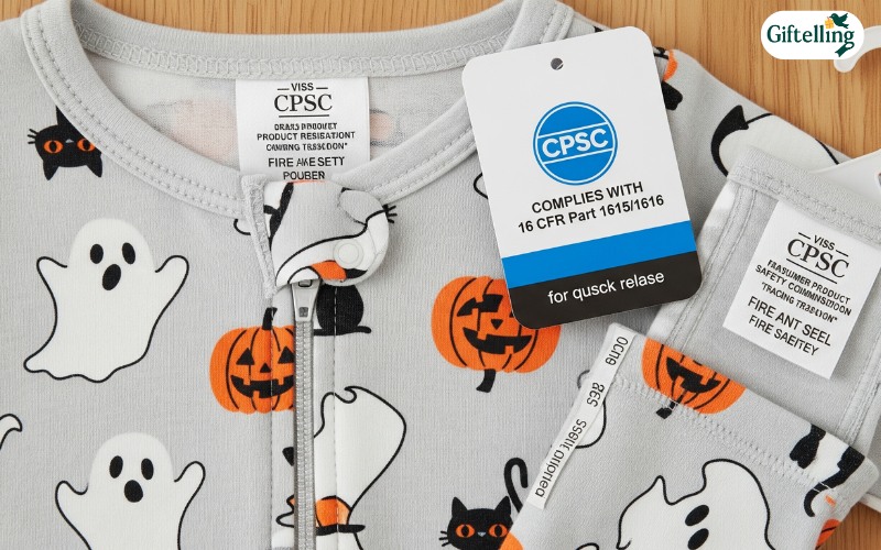 Safety features in baby Halloween pajamas showing CPSC compliance labels and secure construction details